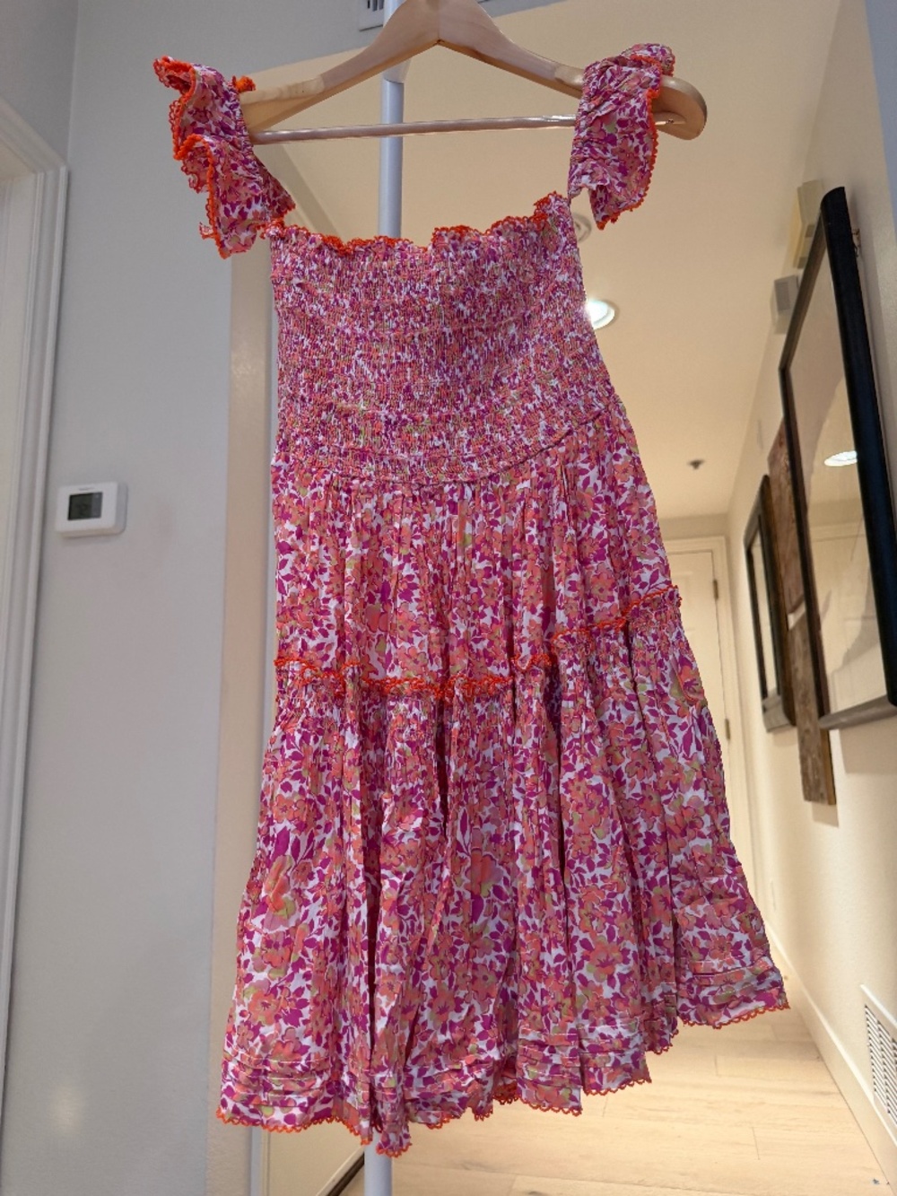 Poupette St Barth Pink Floral Smocked Midi Dress M